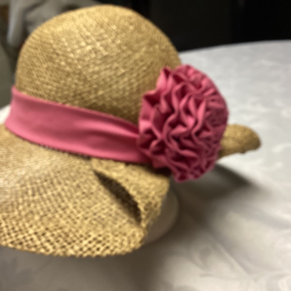 Women’s straw hat, turned back, brown, beautiful pink bow - Picture 6 of 7